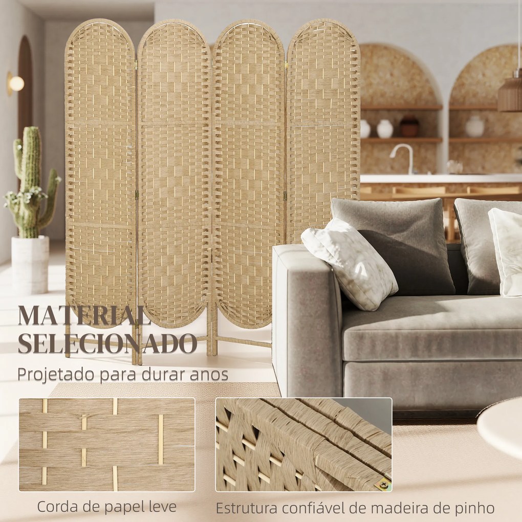 Biombo Separador de 4 Painéis 160x170 cm Painel de Privacidade Dobrável Boémio com Topo Arqueado Entrançado à Mão Madeira