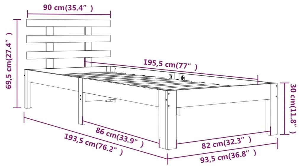 Estrutura de cama solteiro 90x190 cm madeira maciça branco