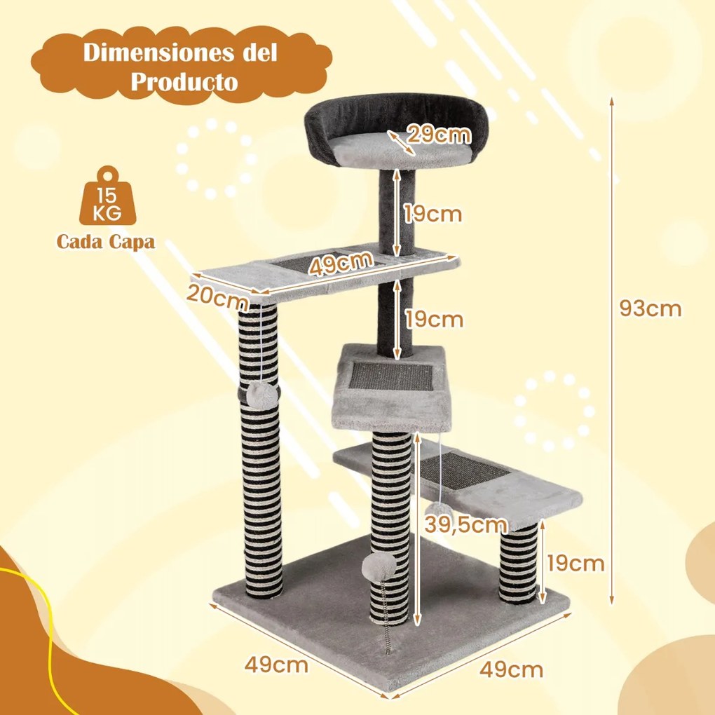 Arranhador para gatos 49 x 49 x 93 cm com 5 níveis de sisal e juta, tapetes, prateleira acolchoada, 3 plataformas, bolas suspensas e com mola, cinza