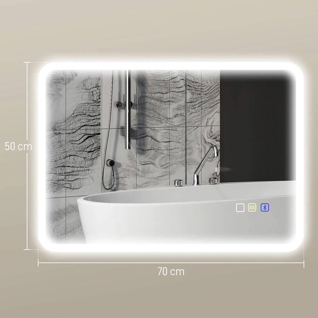 Espelho de casa de banho LED com Bluetooth, 50 x 70 cm, interruptor tátil, iluminação regulável, 3 cores, anti-embaciamento, memória, prateado