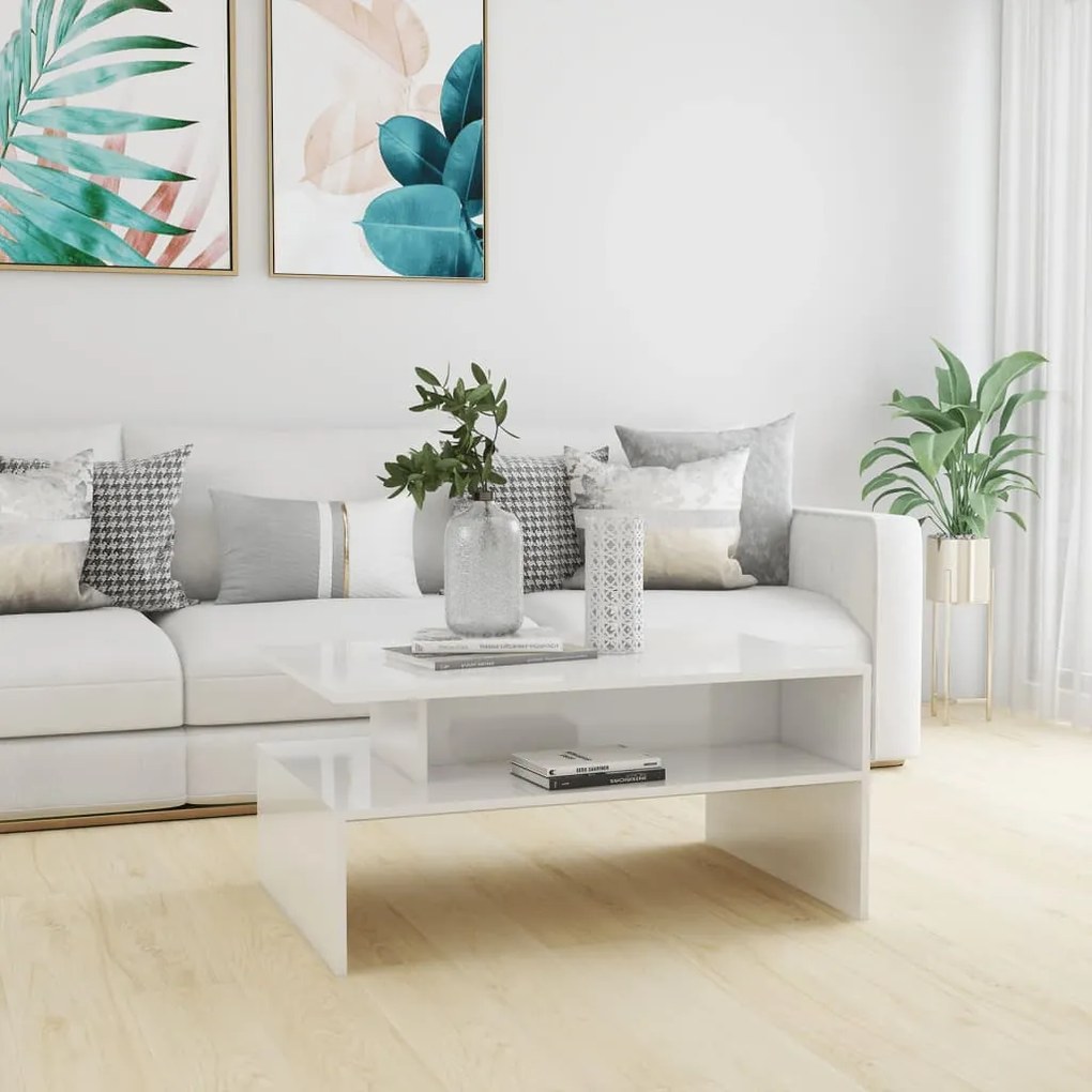 vidaXL Mesa de centro 90x60x42,5 cm contraplacado branco brilhante