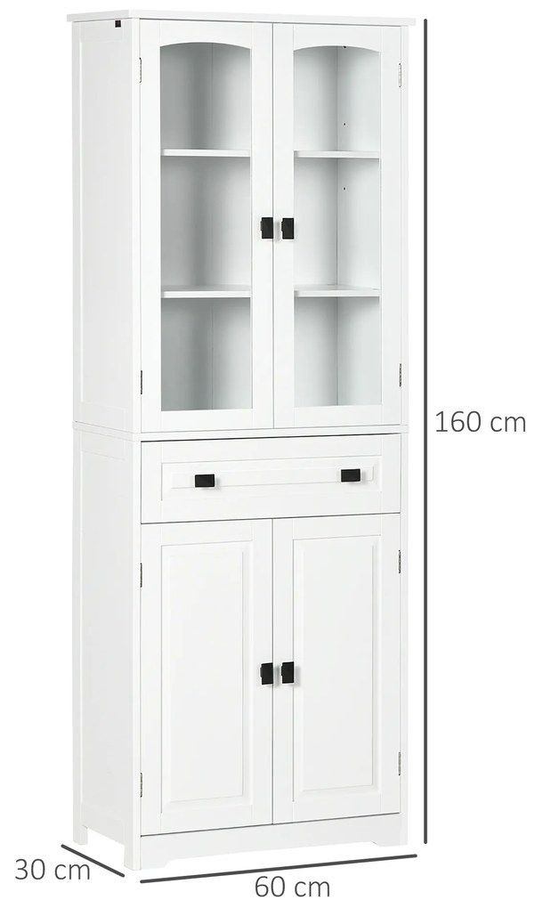 HOMCOM Armário de Cozinha Móvel Auxiliar de Cozinha com 4 Portas 1 Gaveta e 2 Prateleiras Ajustáveis para Sala de Jantar 60x30x160 cm Branco