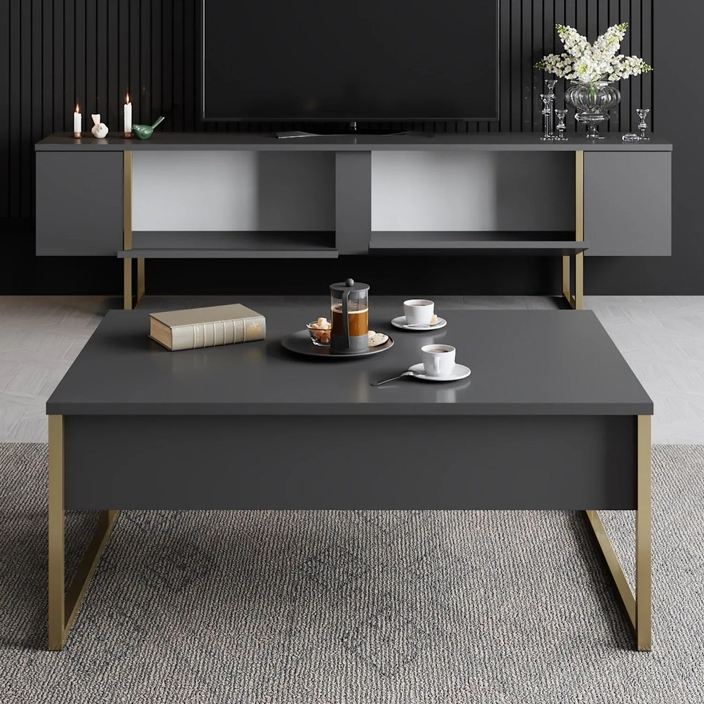 Móvel TV Luxe – Antracite e Dourado – 180x30x50 cm