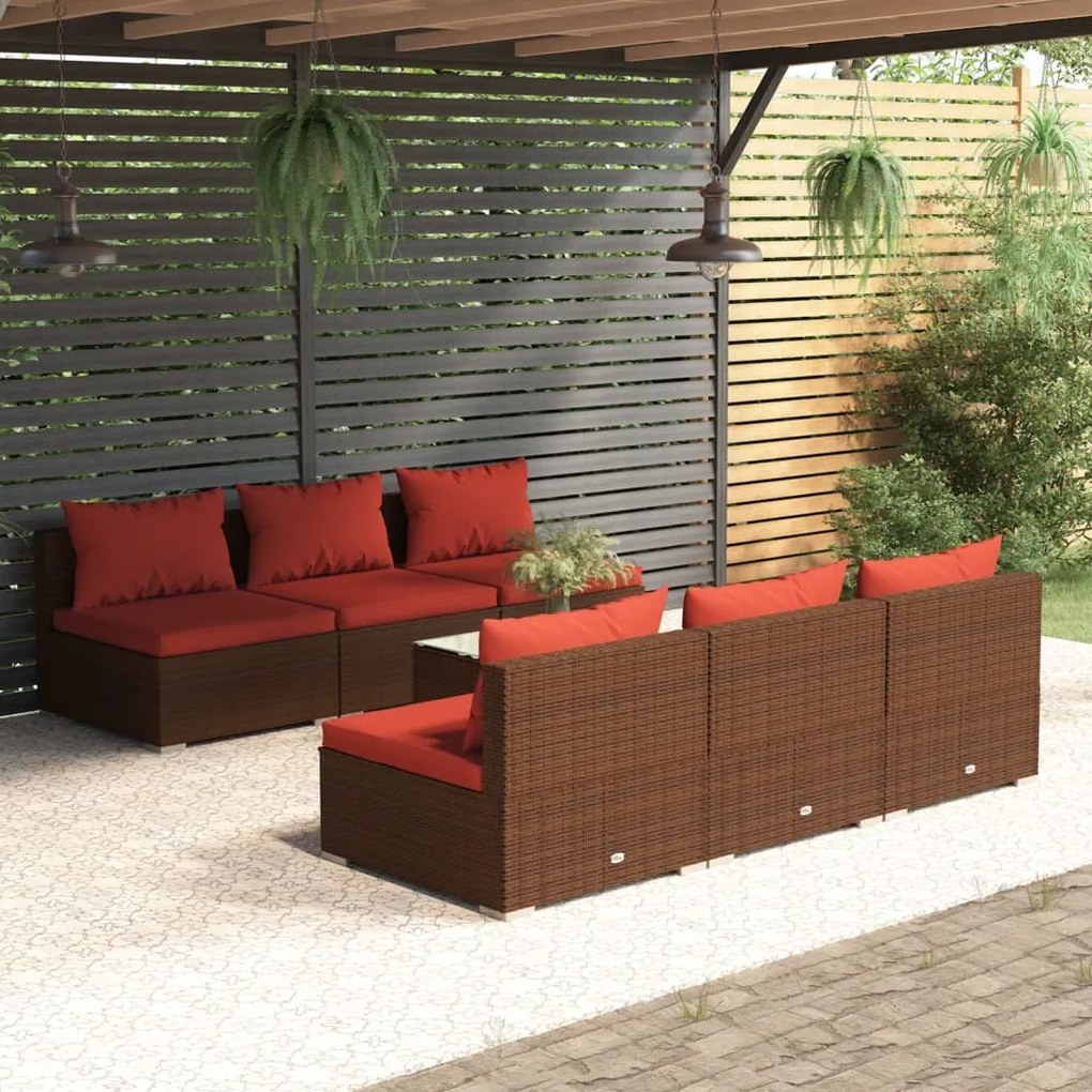 vidaXL 7 pcs conjunto lounge jardim c/ almofadões vime PE castanho