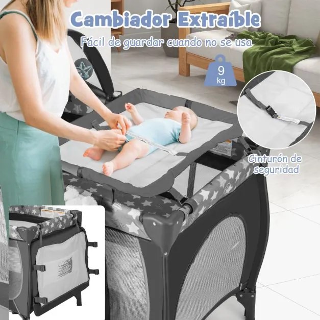 Berço de viagem dobrável 5 em 1 Centro de berçário portátil para bebés com Moisés Berço Trocador Toldo Música Rodas 102 x 72 x 74 cm Cinzento