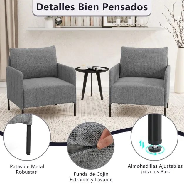 Sofá individual com almofada e pés ajustáveis Cadeira moderna de leitura 73 x 79 x 79 cm Cinza
