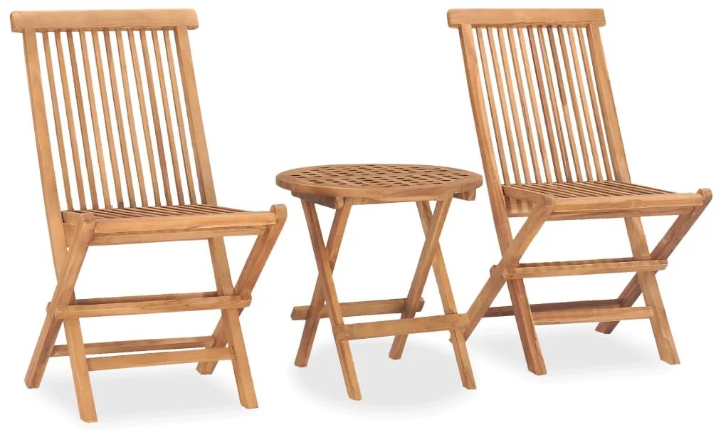 3 pcs conj. jantar dobrável exterior c/ almofadão teca maciça