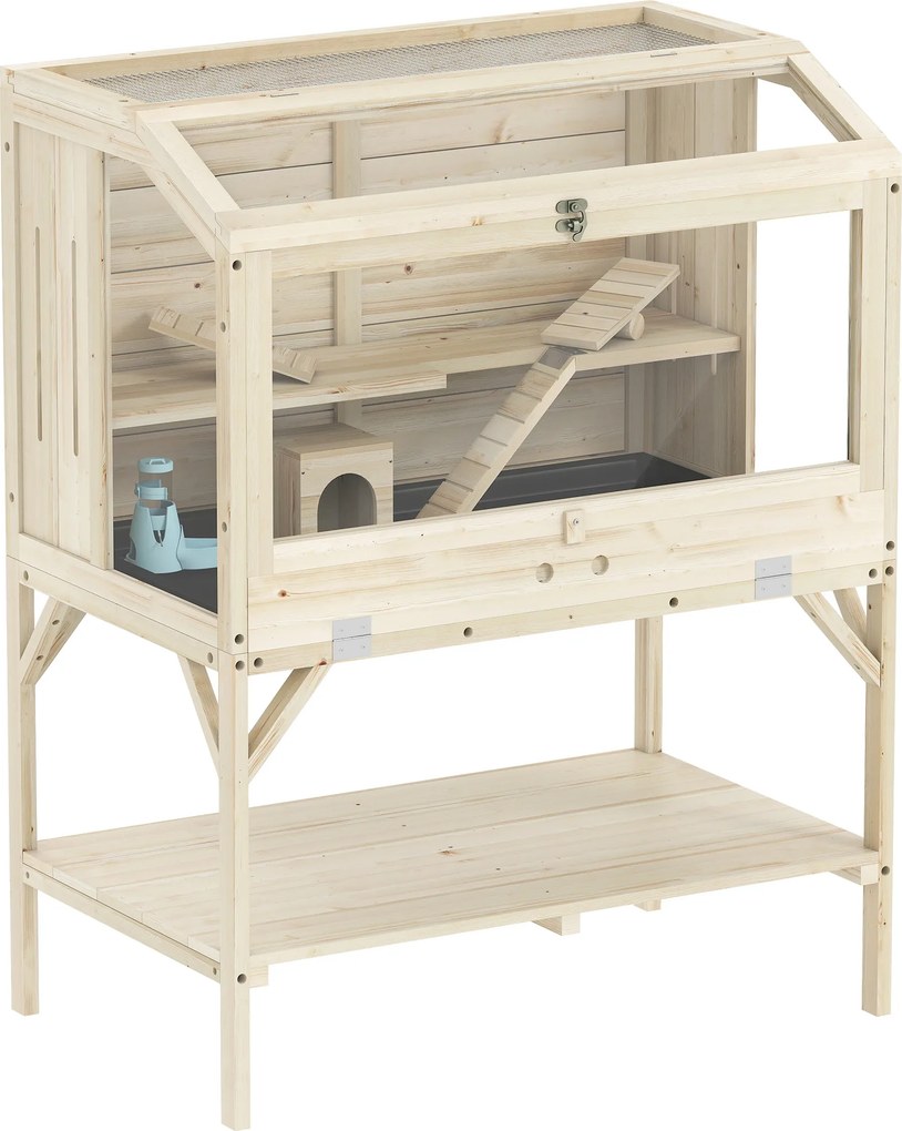 PawHut Gaiola para hamster em madeira, gaiola para roedores de 2 níveis, prateleira de armazenamento, tampa superior, 84 x 53 x 110 cm, madeira natural | Aosom Portugal