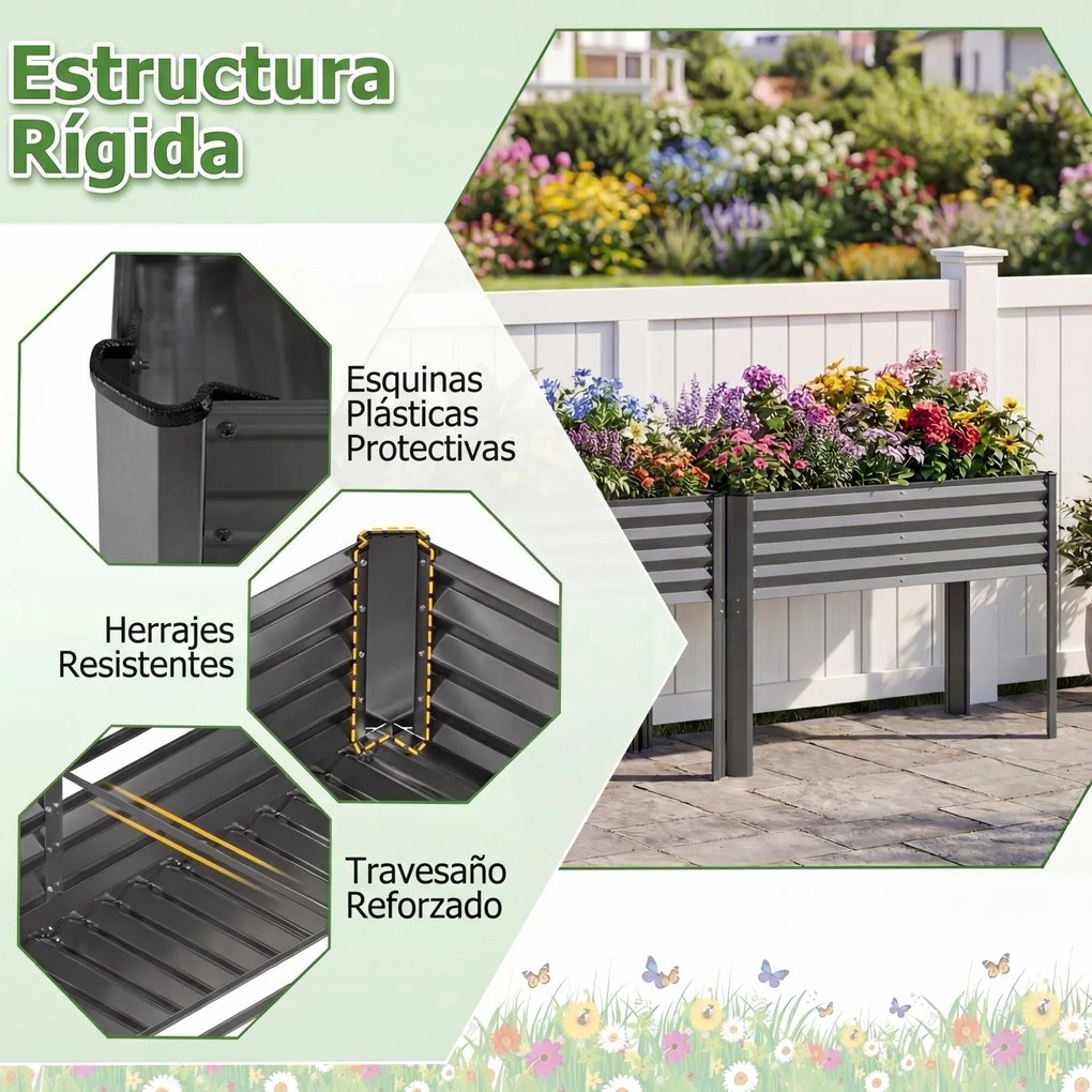 Floreira elevada de jardim 118 x 60 x 77,5 cm com Estrutura em metal galvanizado, pés elevados, sistema de drenagem e base alta para terraço ou pátio