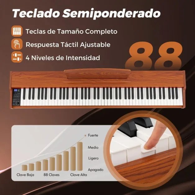 Piano digital de 88 teclas tamanho real com teclas semi-contrapesadas, altifalantes duplos, modo de teclado duplo e 3 pedais, suporte ajustável para p