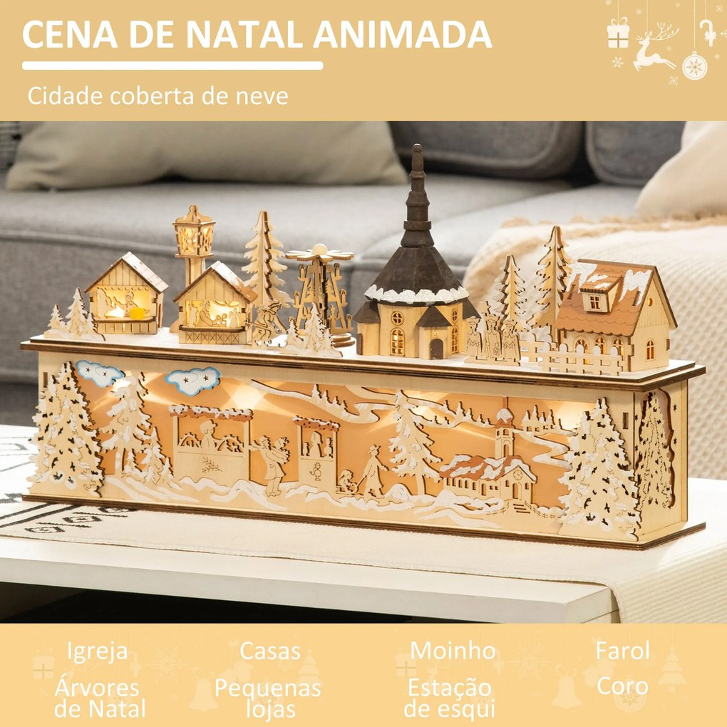 Casa de Vila de Natal com 10 Luzes Cena Natalícia Iluminada Decoração de Natal para Escritório Mesa Lareiras 45x10x25cm Madeira