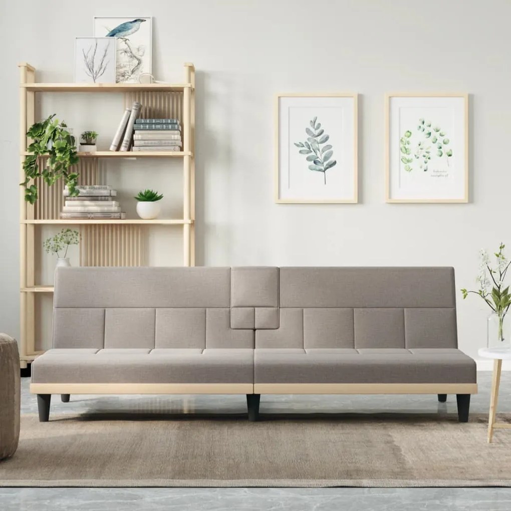 351868 vidaXL Sofá-cama com suportes para copos tecido cinzento-acastanhado