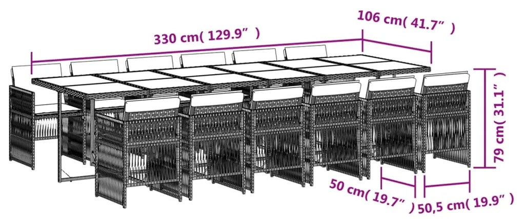 13 pcs conj. jantar jardim c/ almofadões vime PE cinzento-claro