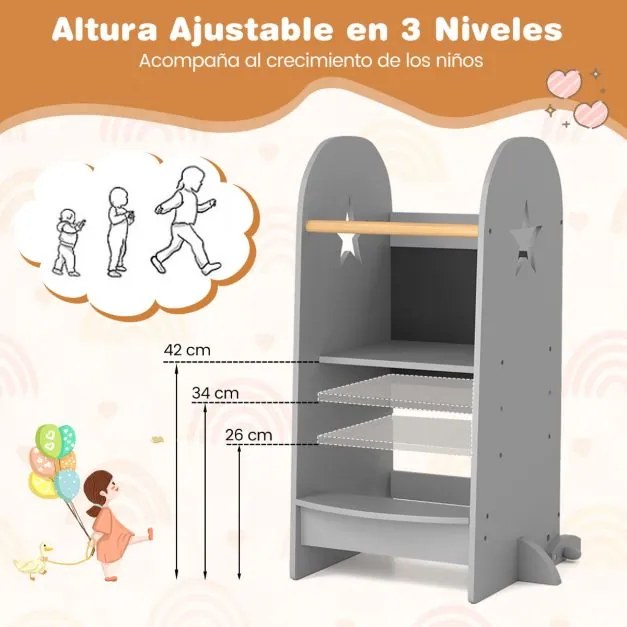 Torre de cozinha multifunções para crianças com altura regulável e corrimão duplo de segurança em ardósia Banco de apoio cinzento