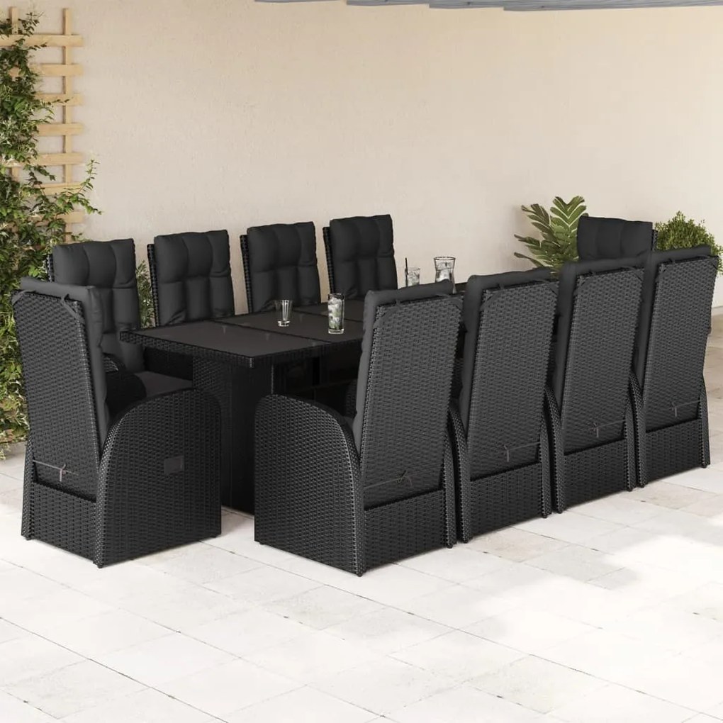 vidaXL 11 pcs conjunto de jantar p/ jardim c/ almofadões vime PE preto