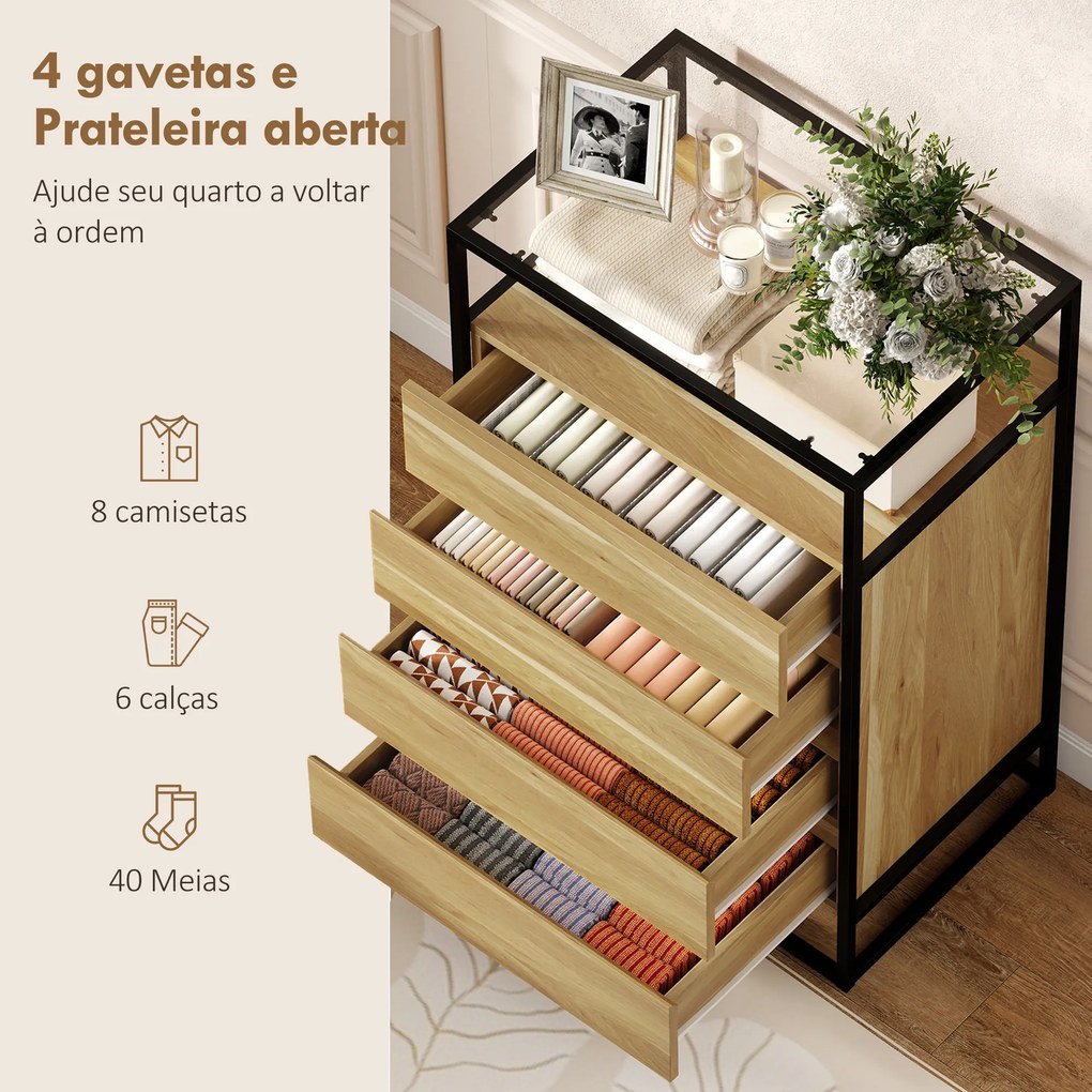 Cómoda 4 Gavetas Cómoda Quarto com Superfície de Vidro Temperado Prateleira Aberta Estrutura de Aço 60x40x94,5 cm Teca
