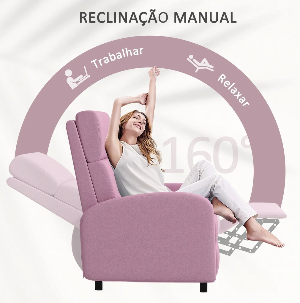 Poltrona Relax Reclinável Manual em Linho – Rosa – 64x86x102 cm