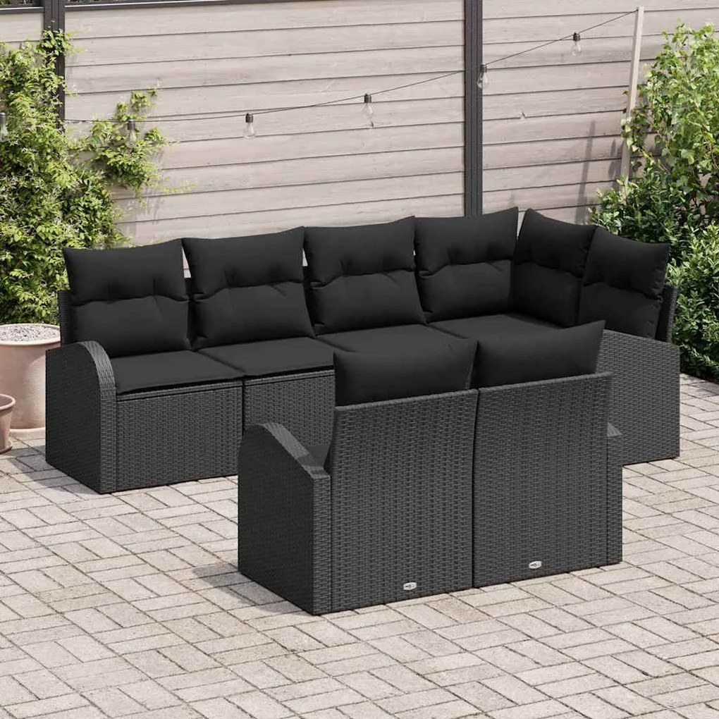 Conjunto de Sofá de Jardim 7 Peças com Almofadas Pretas de Rattan em P