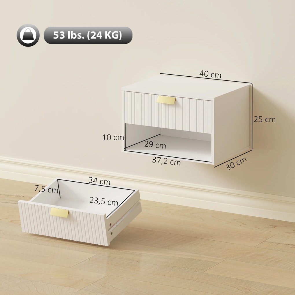 Conjunto de Mesas de Cabeceira Flutuantes com Gaveta Estriada e Prateleira Aberta 40x30x25 cm Branco