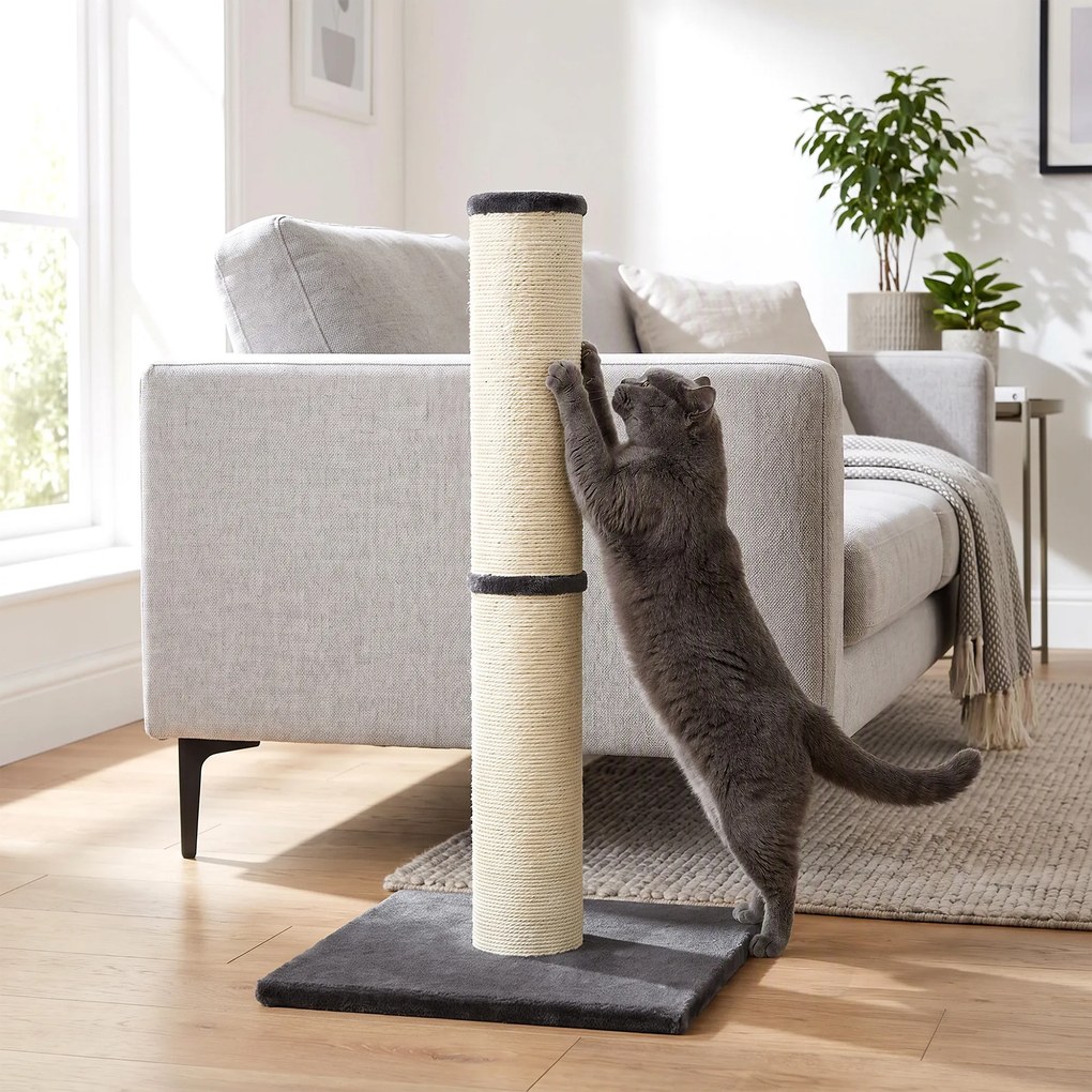 Arranhador para Gatos Leve Alto 80 cm com Corda de Sisal e Base em Aglomerado e Pelúcia Cinza Escuro