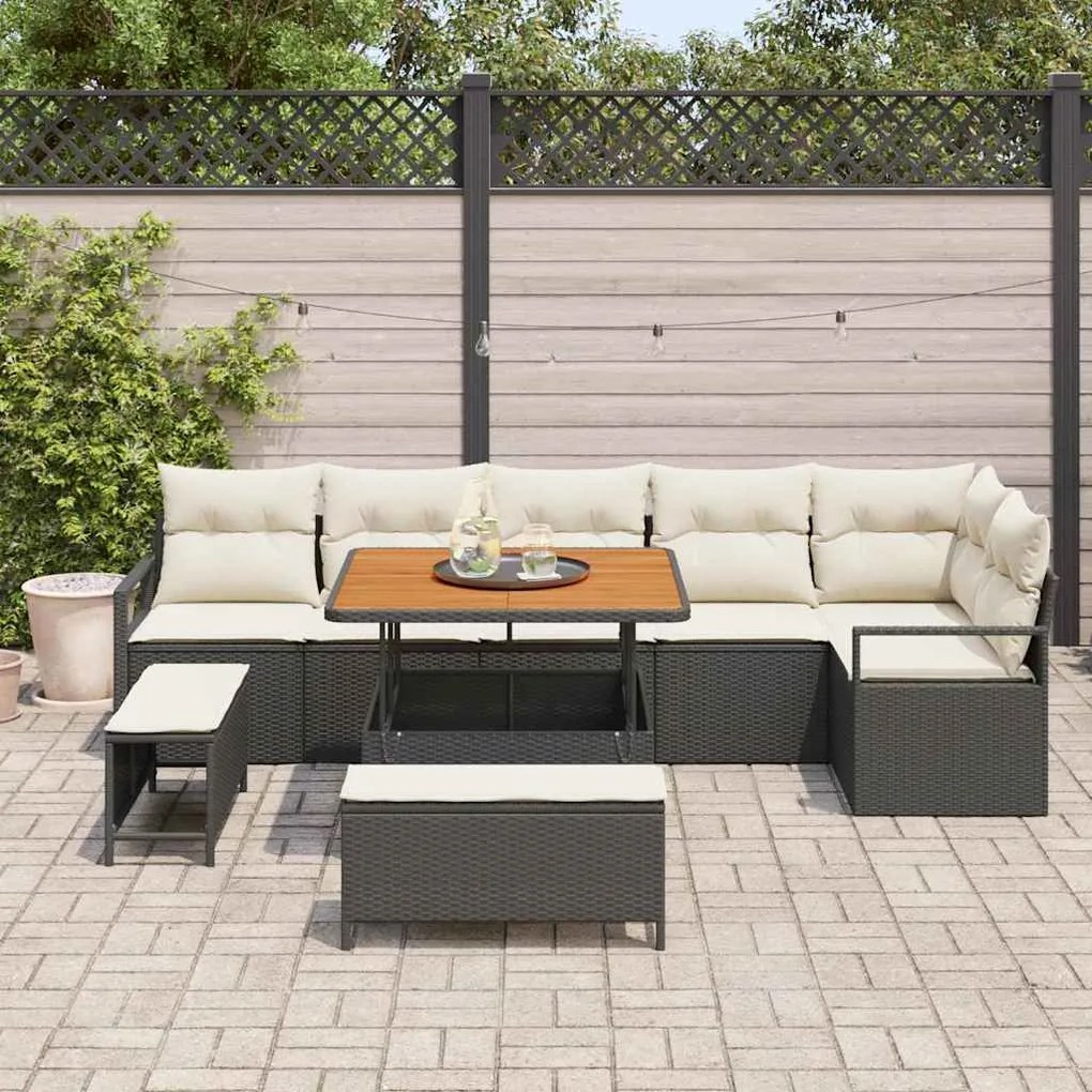 Conjunto de Sofá de Jardim de 9 Peças com Almofadas Preto Rattan Polié