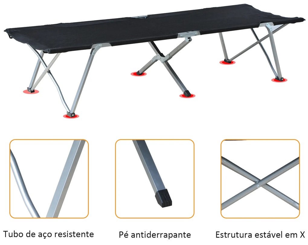 Cama de Campismo Dobrável Cama de Campismo com Estrutura Metálica Carga 136 kg para Praia Viagens 193x64x40 cm Preto