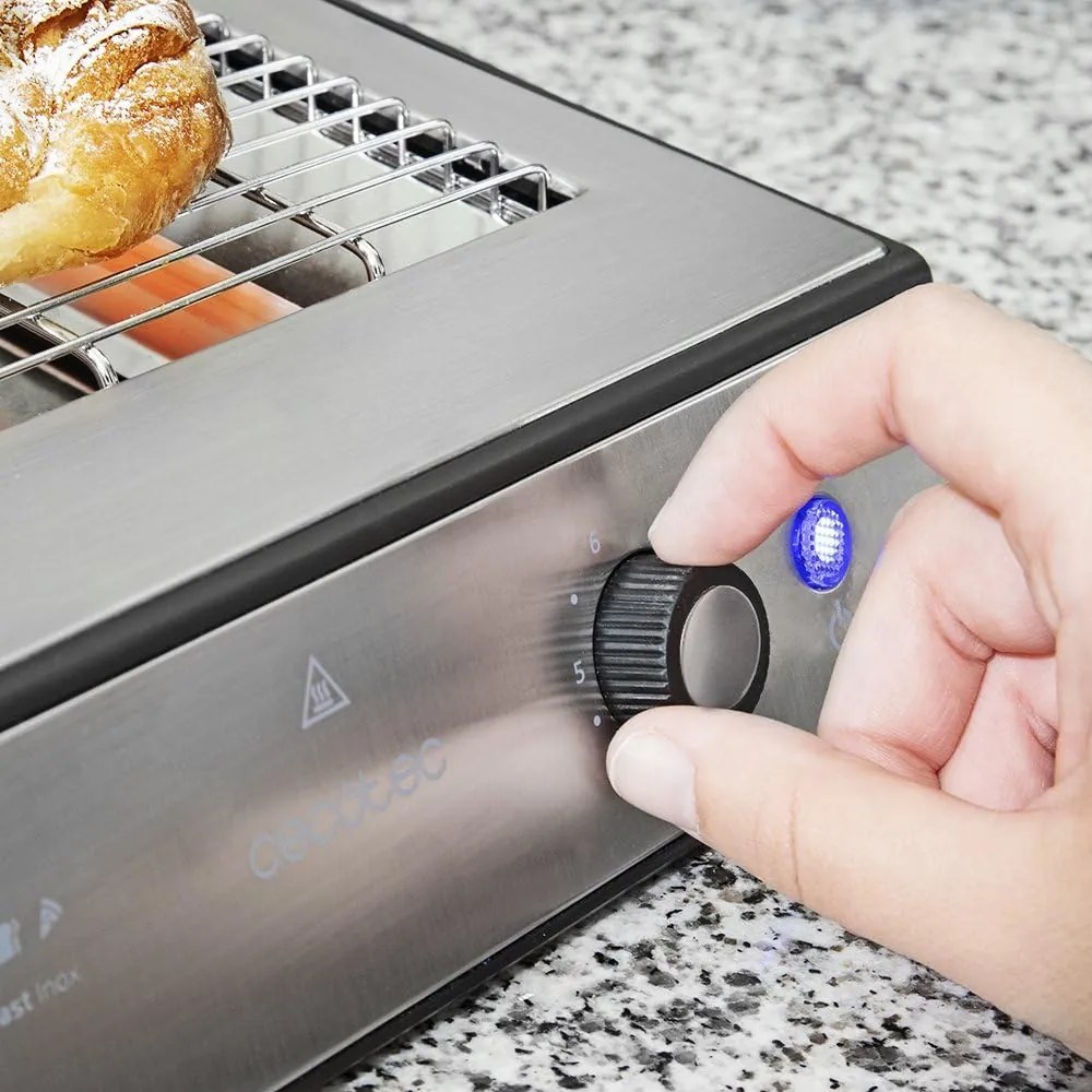 Torradeira Plana Horizontal Turbo Easy Toast Inox. 3 Resistências de quartzo, 6 níveis de potência, bandeja de migalhas, rebaixo do cabo, acabamentos