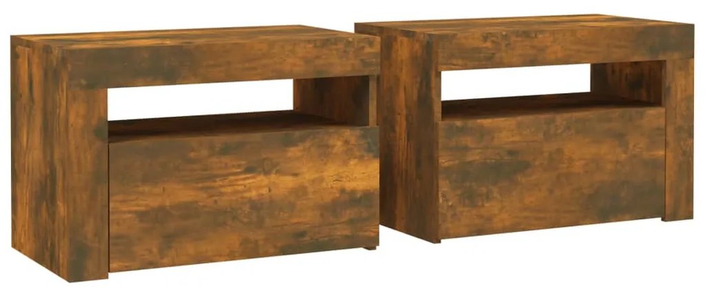Mesas cabeceira c/ LEDs 2 pcs 60x35x40 cm carvalho fumado