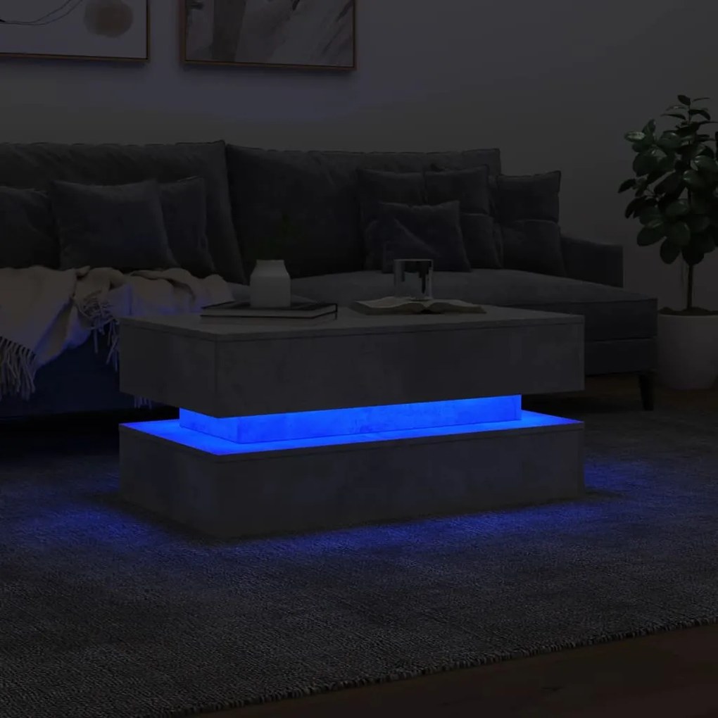 Mesa de centro com luzes LED 90x50x40 cm cinzento cimento