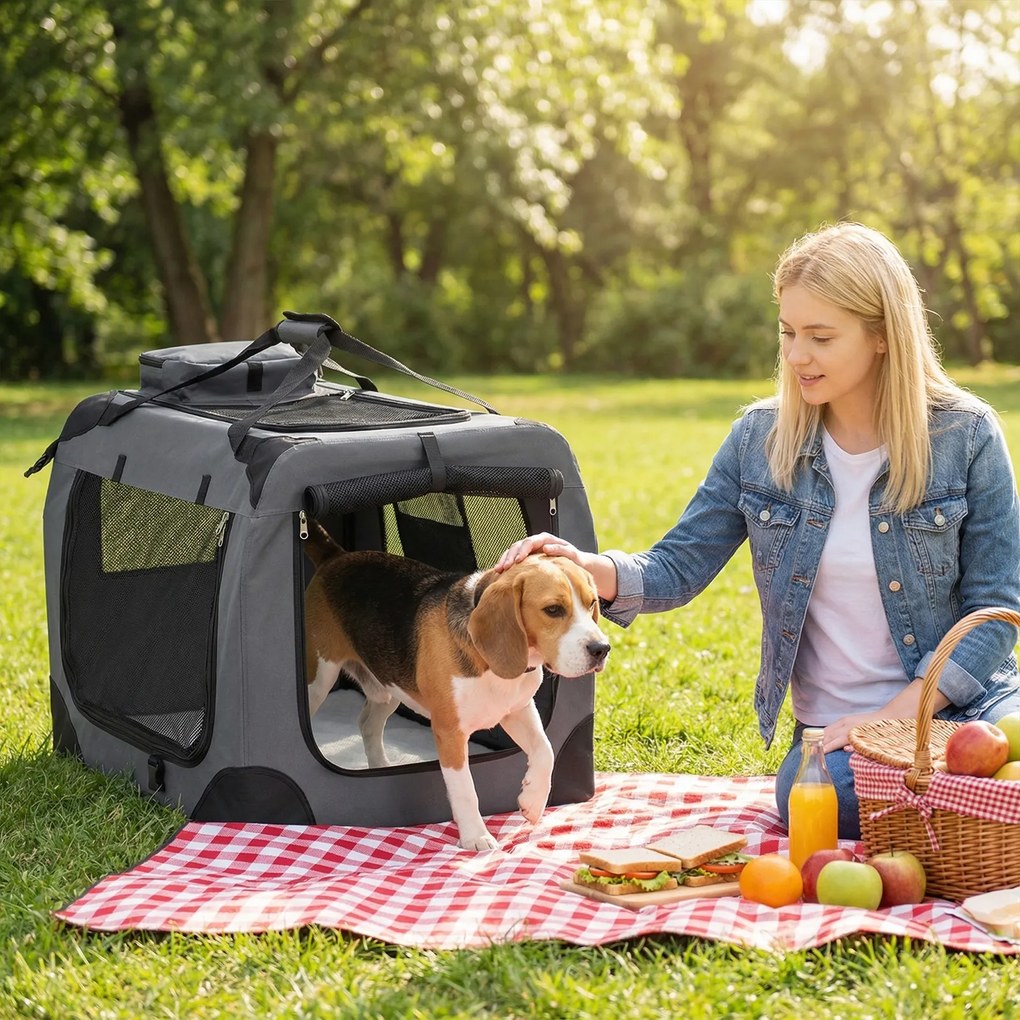 Transportadora dobrável tamanho M 72 x 52,5 x 52,5 cm para animais de estimação, com janelas de rede, 3 portas, cama felpuda e bolsos removíveis, para