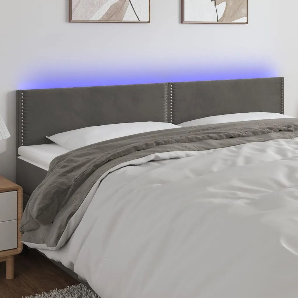 Cabeceira de cama c/luzes LED veludo 180x5x78/88cm cinza-escuro