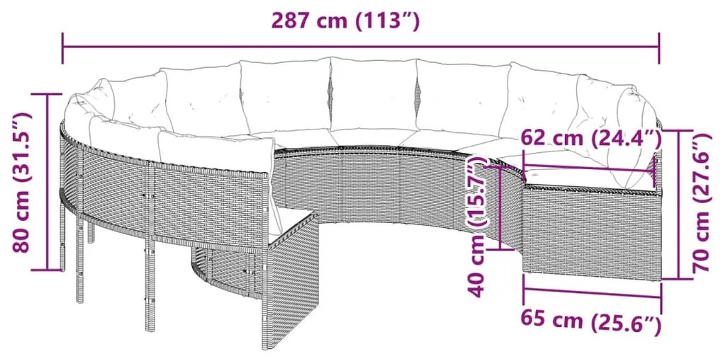 Sofá de jardim com almofadões redondo vime PE preto