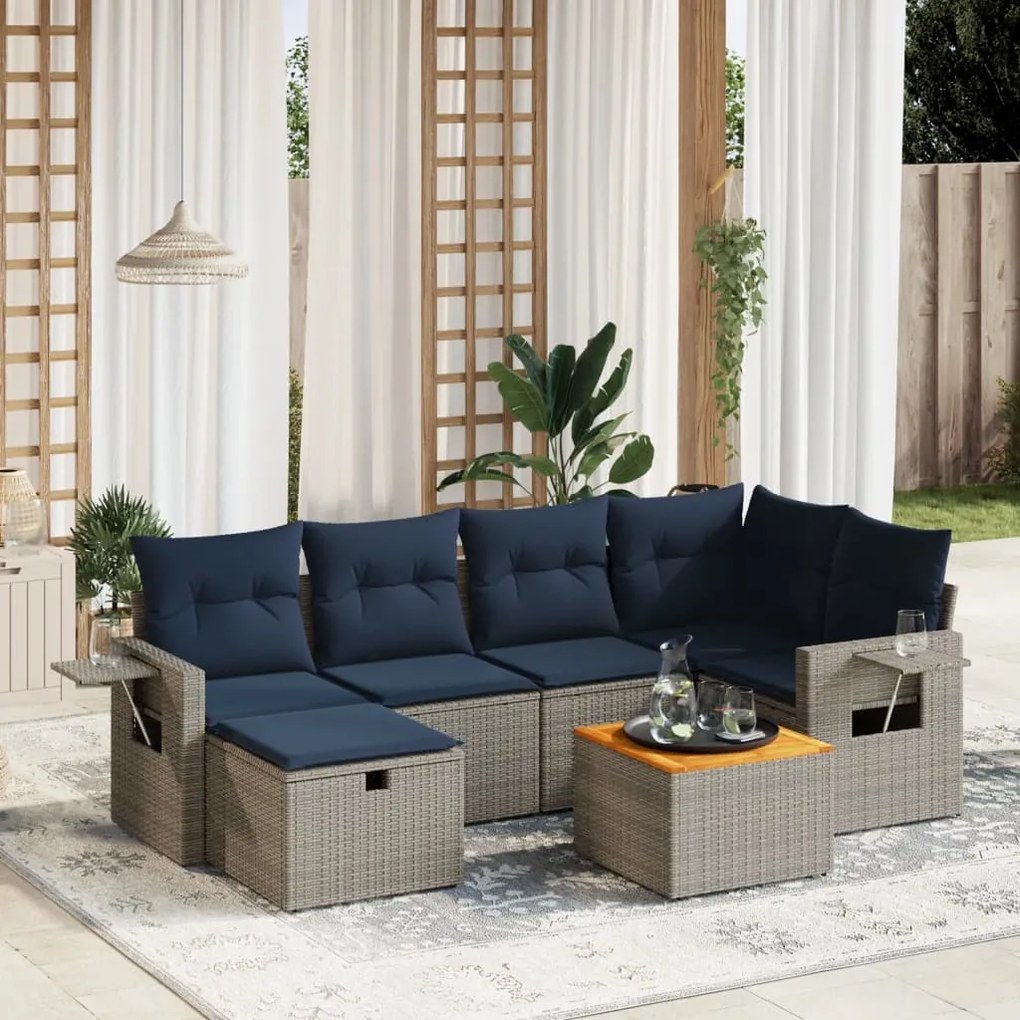 vidaXL 7 pcs conjunto sofás p/ jardim c/ almofadões vime PE cinzento