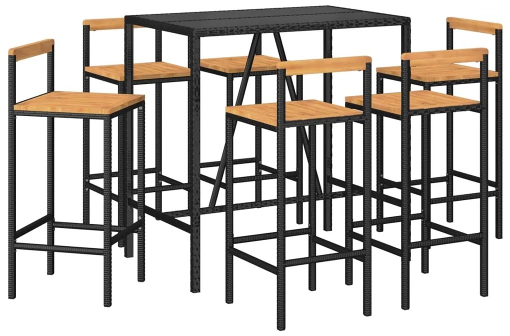 7 pcs conjunto de bar p/ jardim vime PE/acácia maciça preto