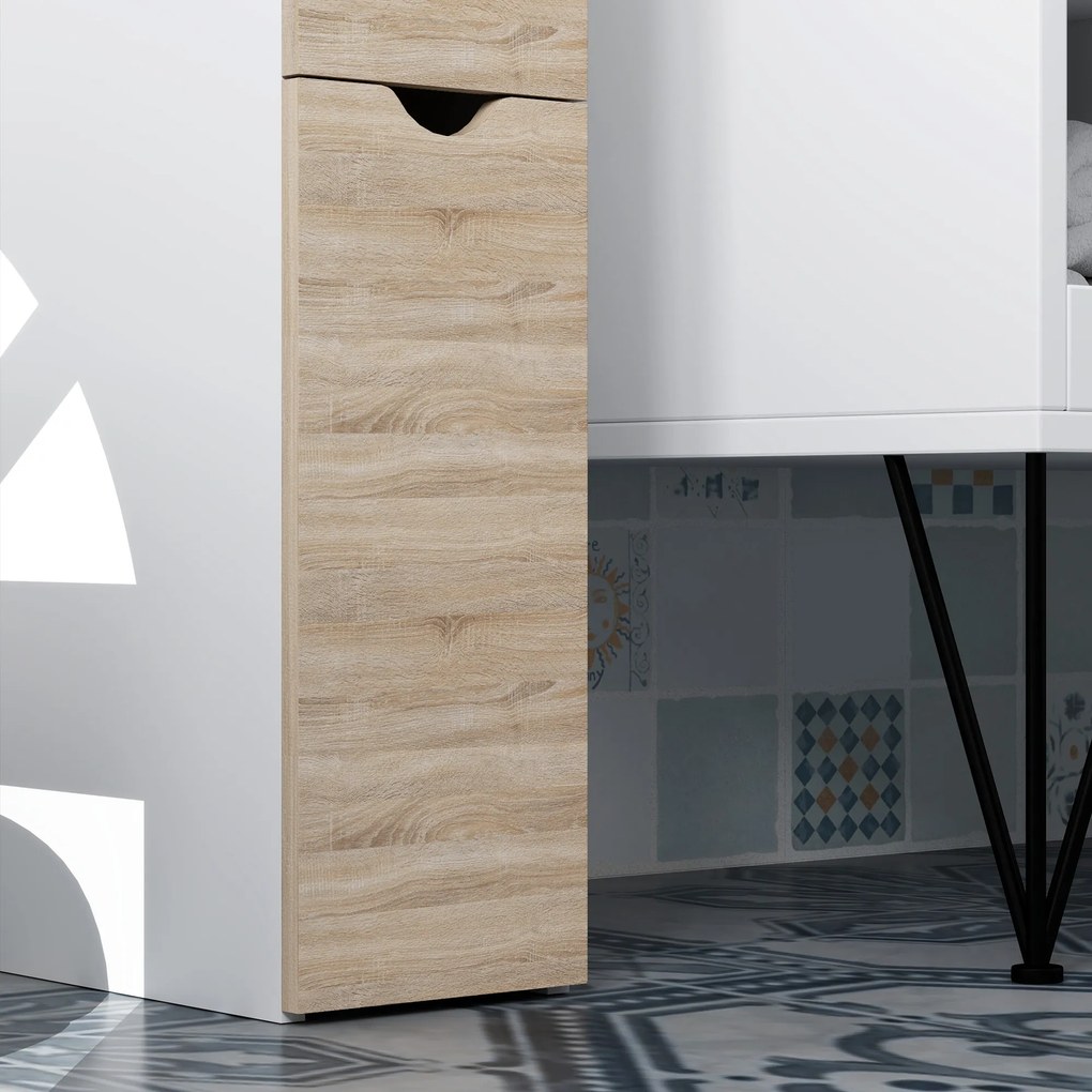 Coluna de Casa de Banho Moderna Auxiliar com 2 Prateleiras, 2 Gavetas e 1 Porta Antiviragem 15x33x136,8 cm Madeira Natural