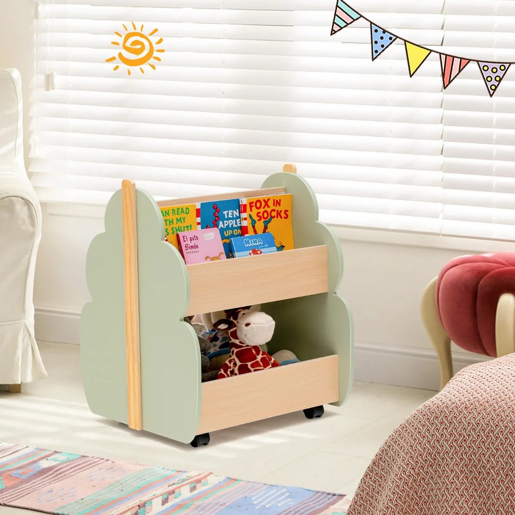 Estante de madeira infantil com rodas 2 Prateleiras para brinquedos Organizador de livros multifuncional 52 x 46 x 62,5 cm Verde