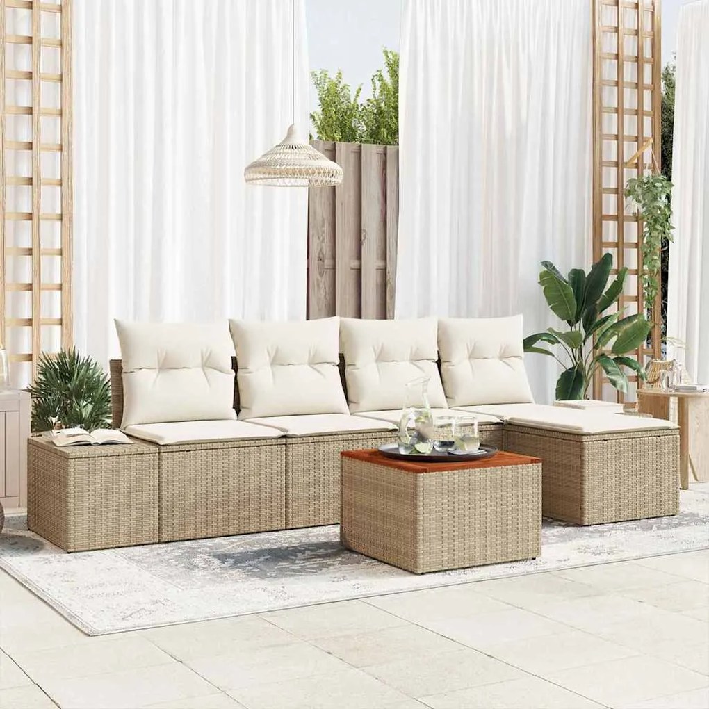 vidaXL Conjunto de Sofá de Jardim 6 Peças com Almofadas Bege em Rattan Poliéster e Acácia