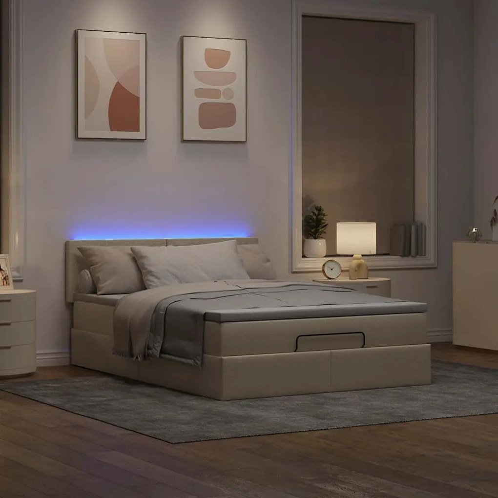 Cama Otomana com Colchão &amp; LEDs Creme 140x200 cm Tecido