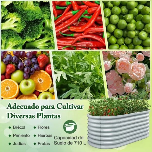 Floreira metálico ovalado elevado com fundo aberto, caixa para plantas canteiro de flores em chapa ondulada, cinza