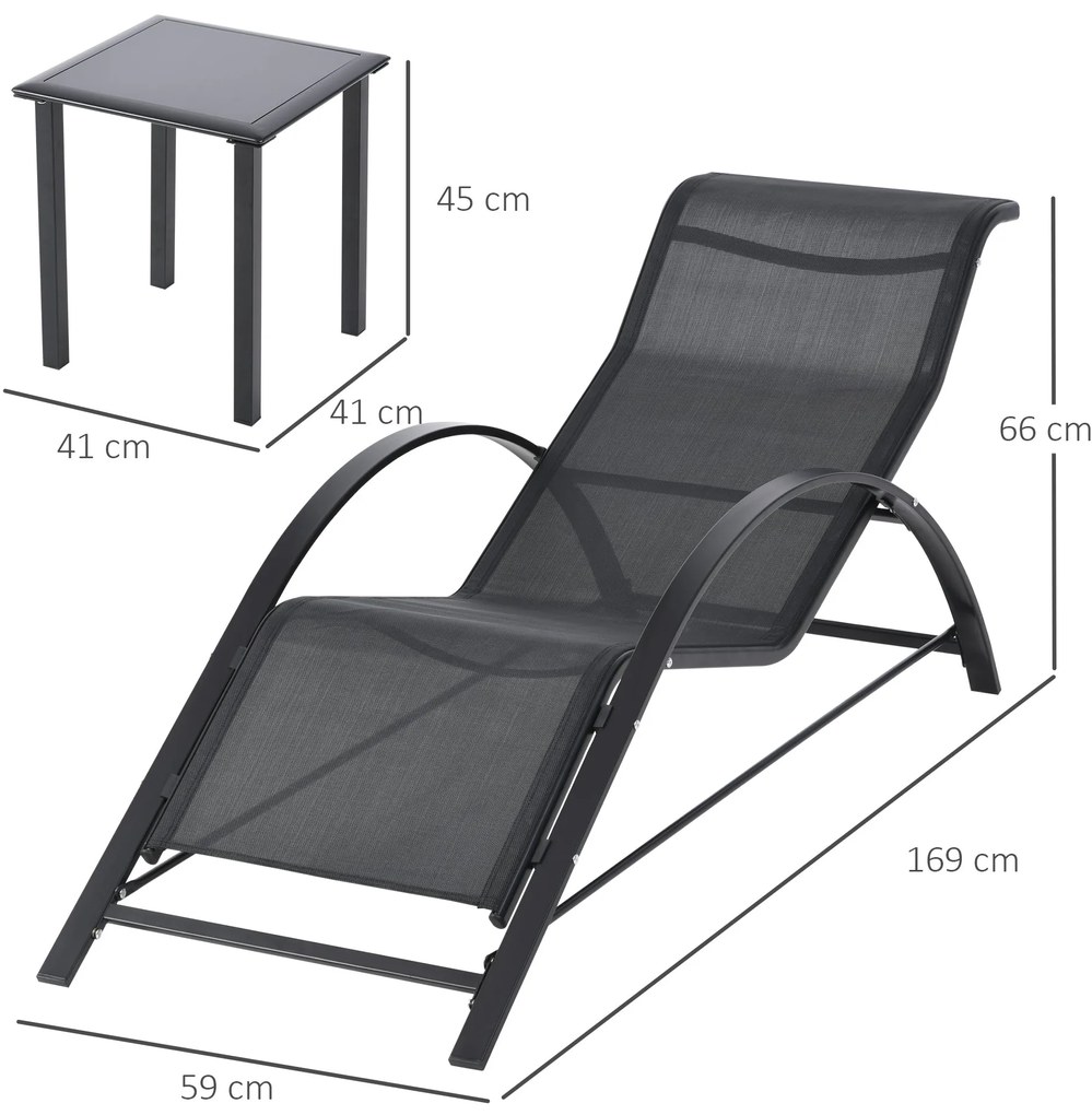 2 Espreguiçadeiras de Jardim 59x169x66 cm com Mesa 41x41x45 cm Vidro T