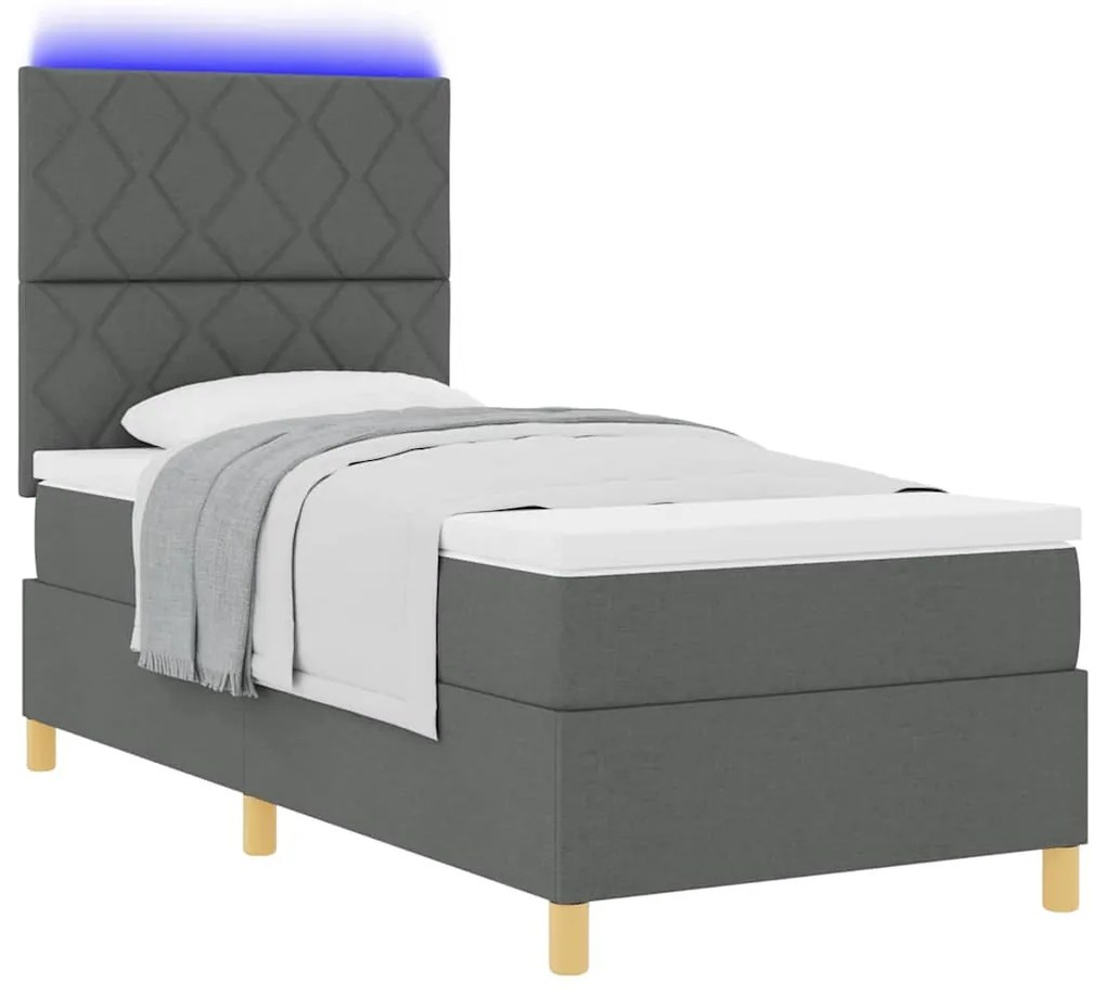 Cama Box Spring com Colchão &amp; LED Cinza Escuro 90x200 cm Tecido