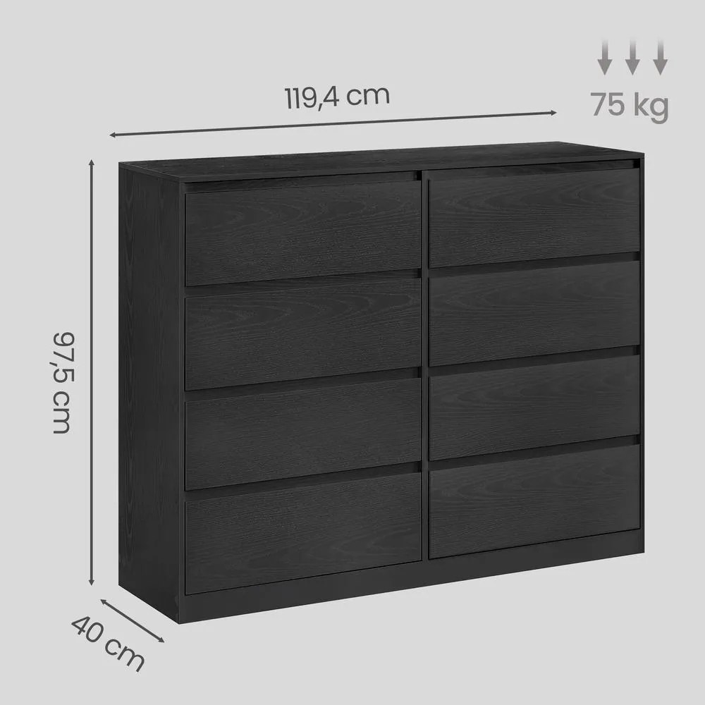 Cómoda, armário de arrumação, com 8 gavetas, para quarto, 40 x 119,4 x 97,5 cm, estilo moderno, preta