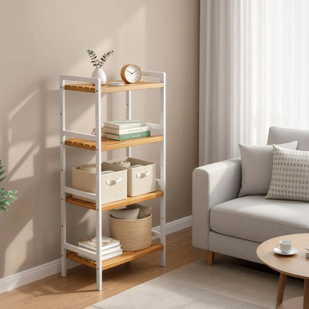 Estante com 4 prateleiras 45 x 31,5 x 111 cm, estante de pé para sala de estar, cozinha, casa banho branco e natural