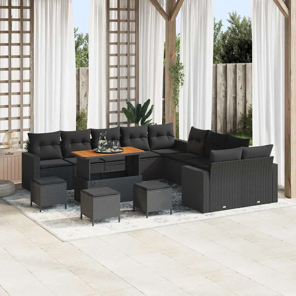 vidaXL Conjunto de Sofá de Jardim de 14 Peças com Almofadas Pretas em Rattan de Poliéster e Acácia