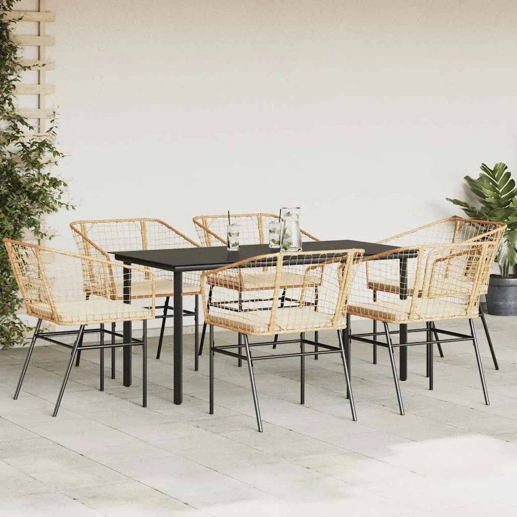 Conjunto jantar jardim 7 peças almofadas vidro vime PE castanho