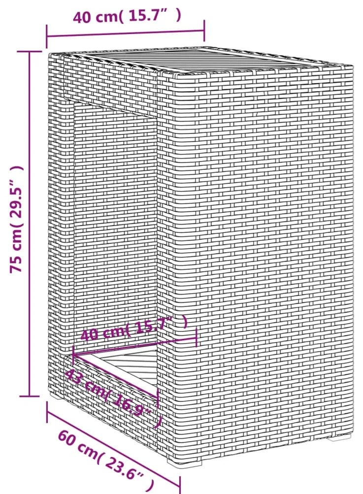 Mesa apoio jardim c/ tampo madeira 60x40x75 cm vime PE bege