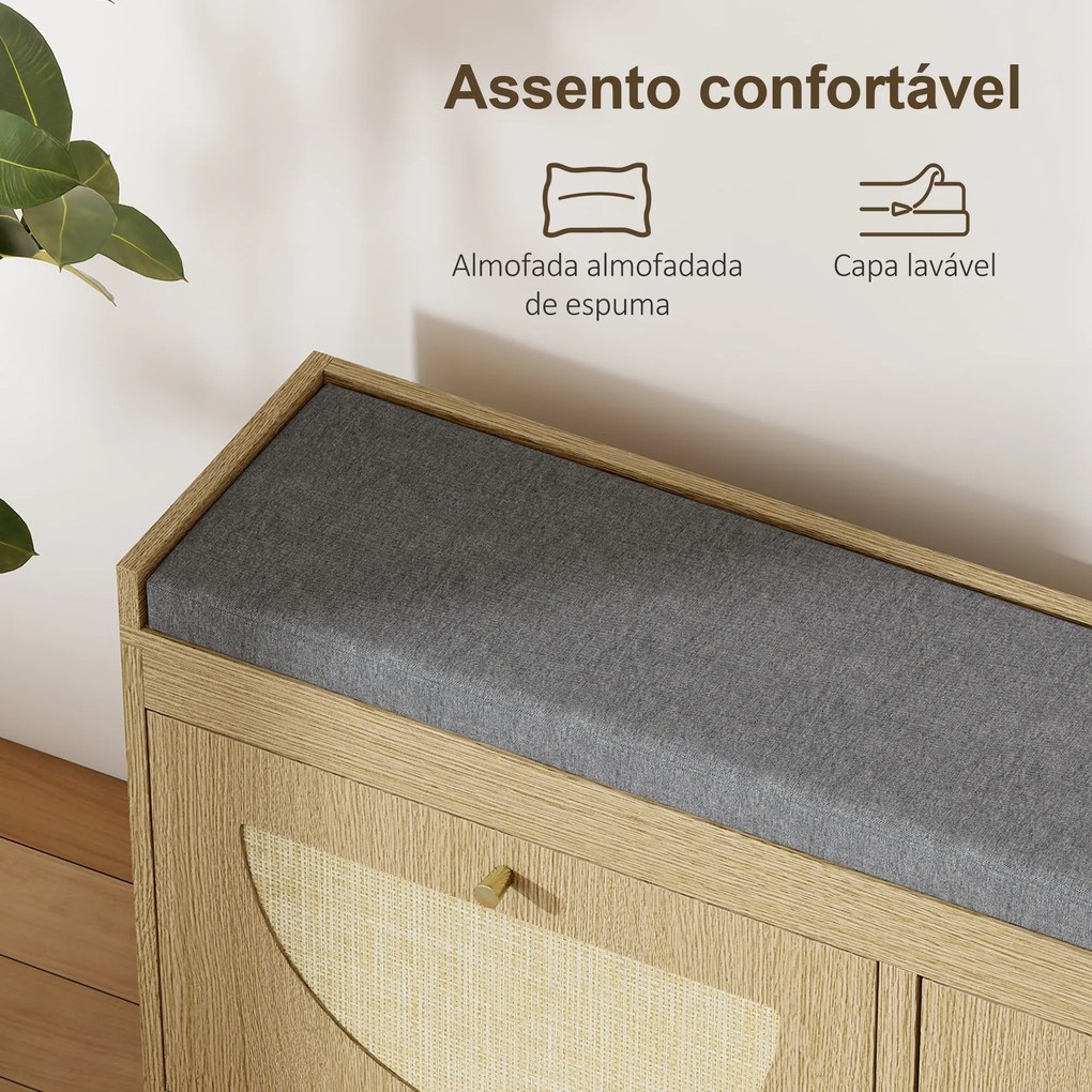 HOMCOM Banco Sapateira com Assento Acolchoado Portas em Vime Prateleira Ajustável para 8 Pares de Sapatos 104,5x24x48 cm Madeira