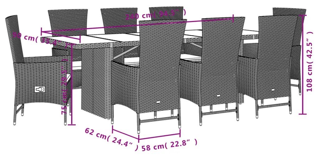 9 pcs conjunto de jantar p/ jardim com almofadões vime PE bege