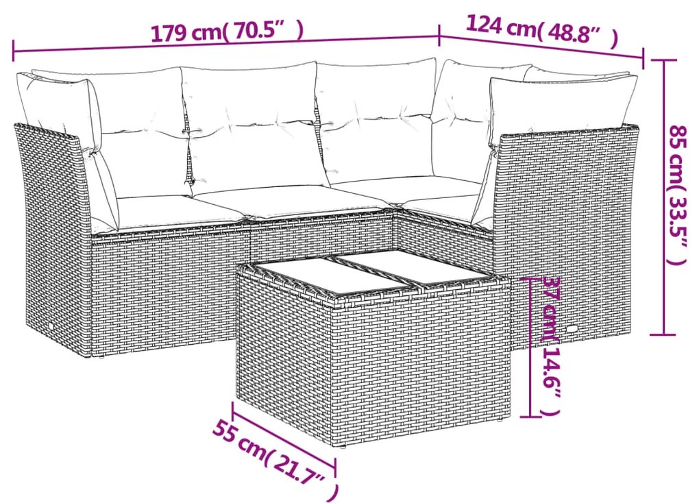 5 pcs conjunto de sofás p/ jardim com almofadões vime PE bege