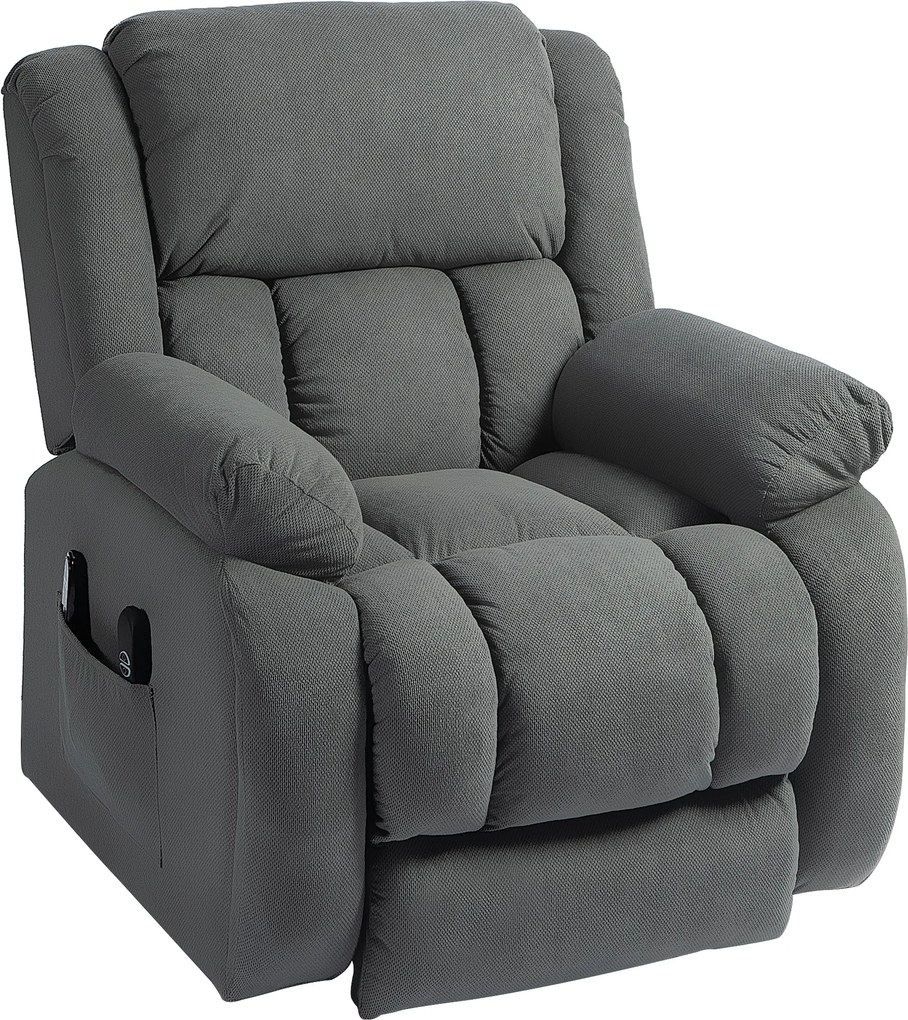 Poltrona elevatória elétrica com massagem e aquecimento, apoio para os pés, encosto reclinável, comando à distância e bolso lateral cinzenta